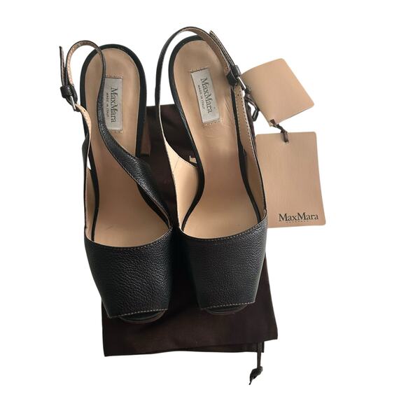 Max Mara Black Leather Platform Slingback Heels Sandals NWT Size 39 US 9 - Picture 2 of 11